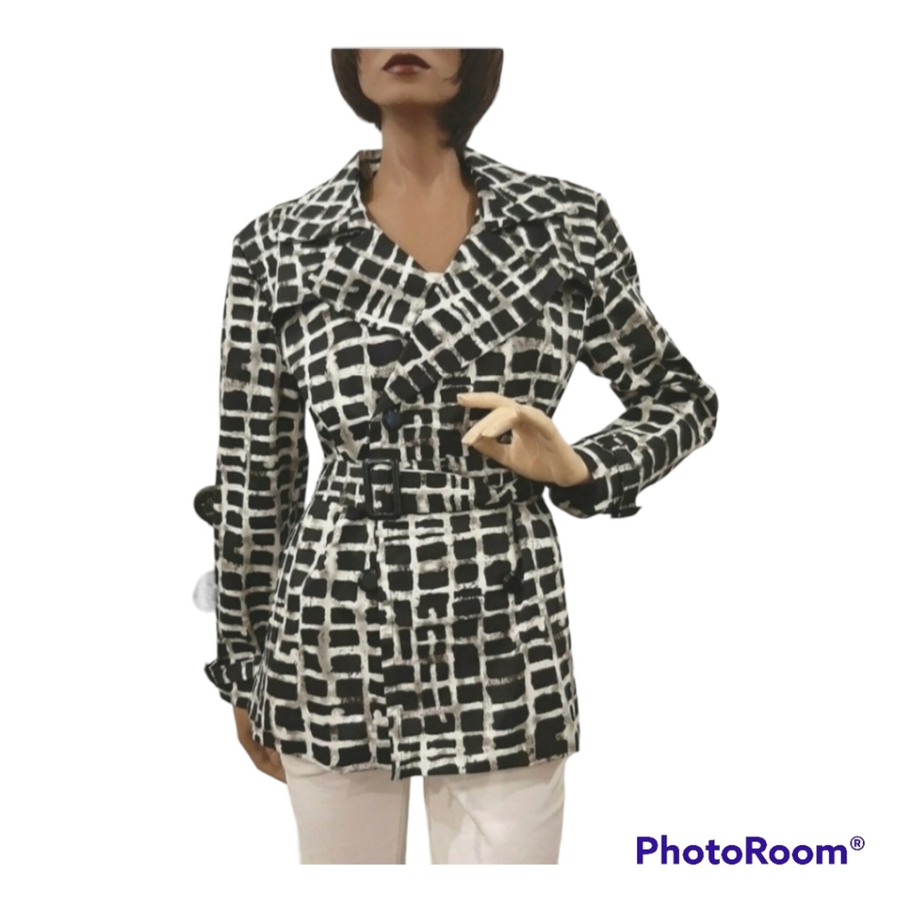 Luciano Dante belted blazer jacket black and white squares long sleeve size L